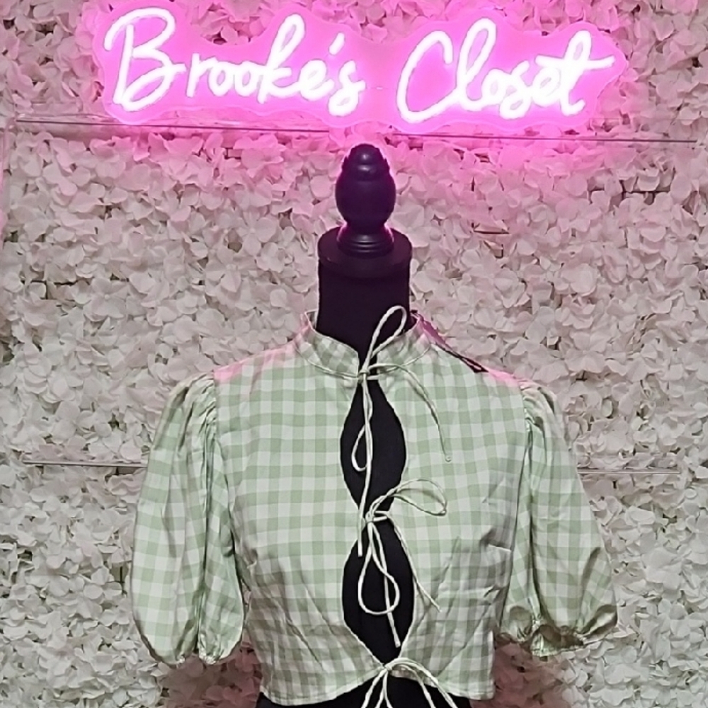 Nasty Gal Green Checkered Blouse with Tie Front